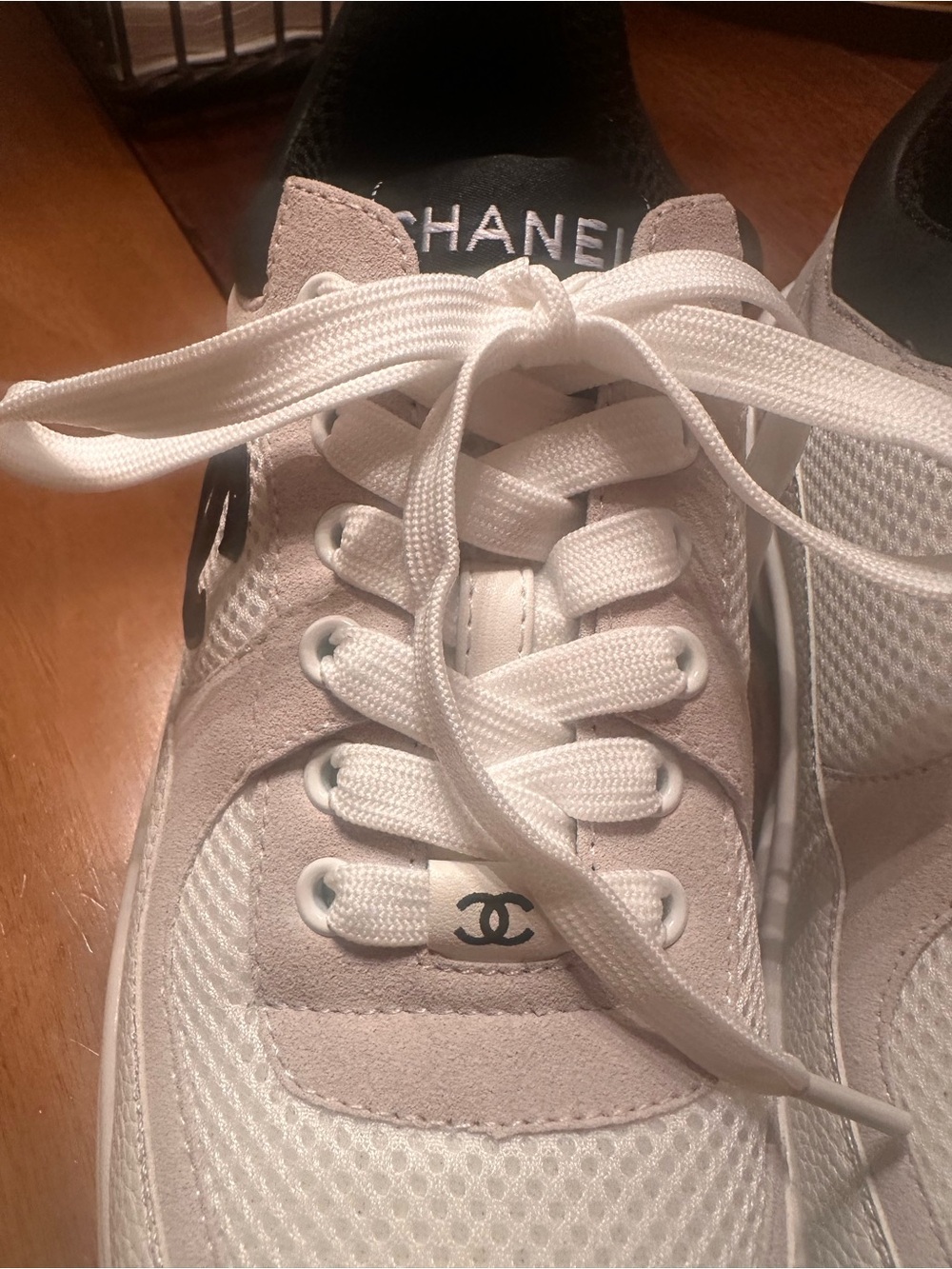 FASHION White, Beige & Black Lace-Up Logo Sneakers - Picture 4 of 7